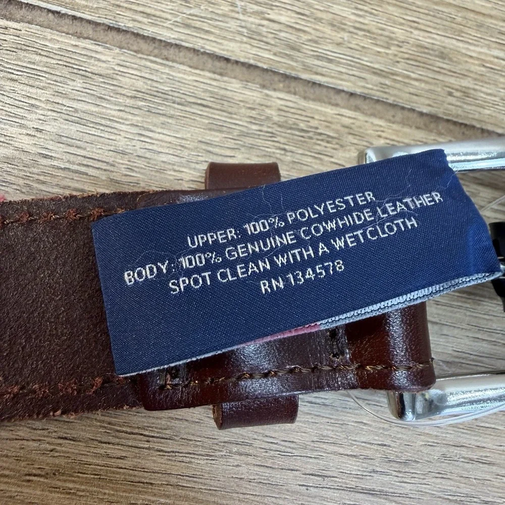 Vineyard Vines Canvas Leather Belt Mens 34 Pink Gray Brown Cowhide Buckle 1.5